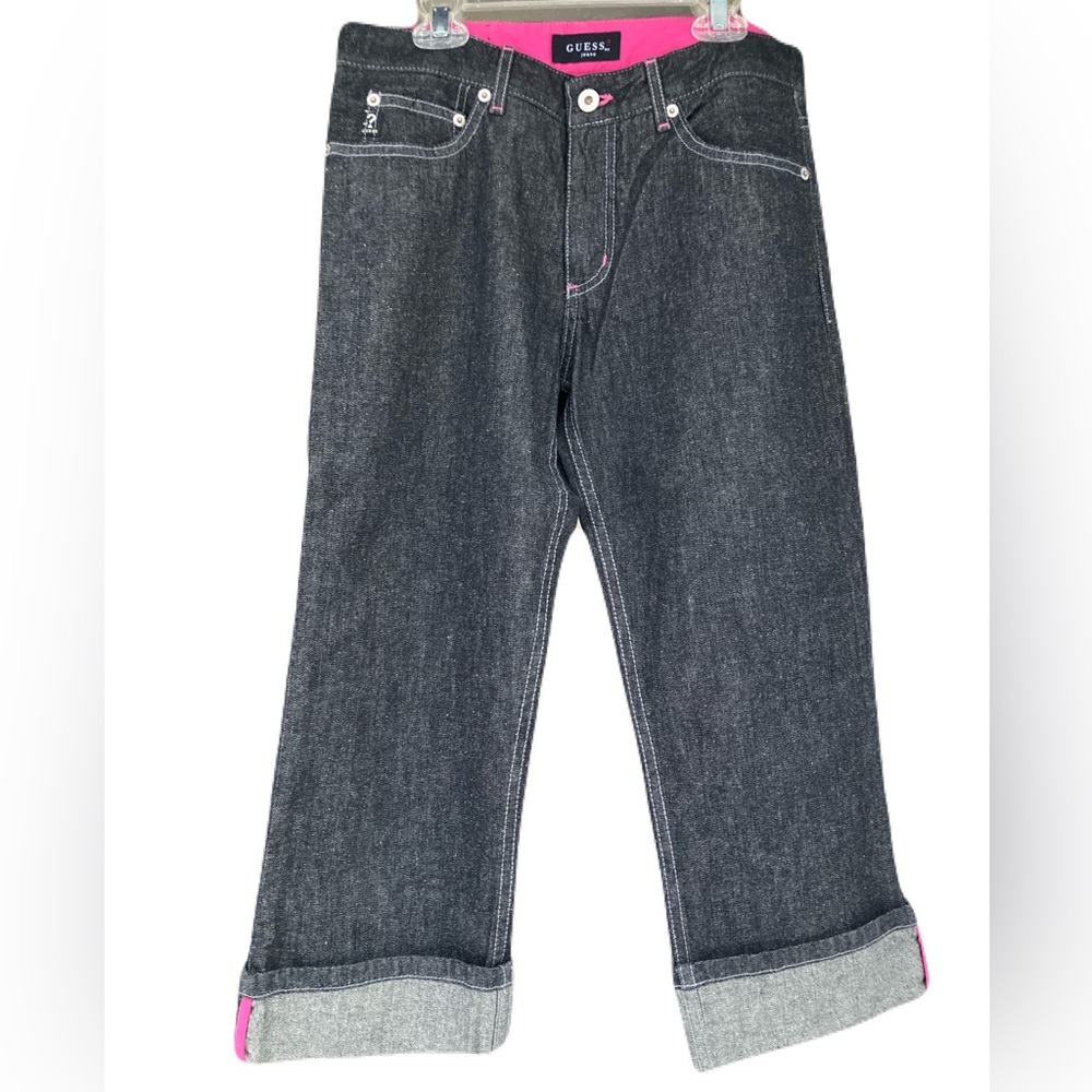 Guess Cropped Jeans Women’s 28 Black Denim Retro Hot Pink USA Y2K 90s Cuffed Leg